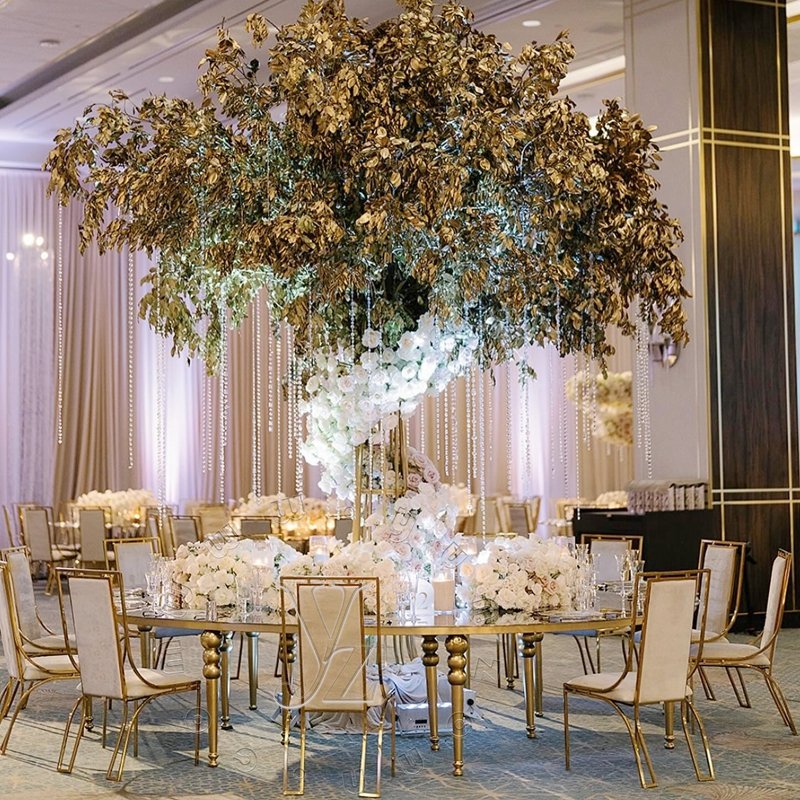 Gold and White Serpentine Dining Table with White Glass Top for Hotels Restaurants Weddings and Outdoor Use