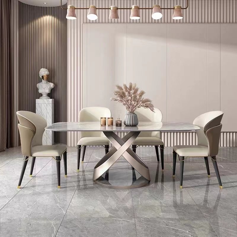 complete dining table set with 8 chairs bench stainless steel stand frame 180 cm sintered stone top dining table china foshan