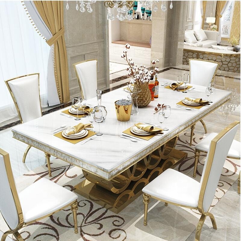 2024 Luxury glass dining table set comedores golden dining table with 6 chairs