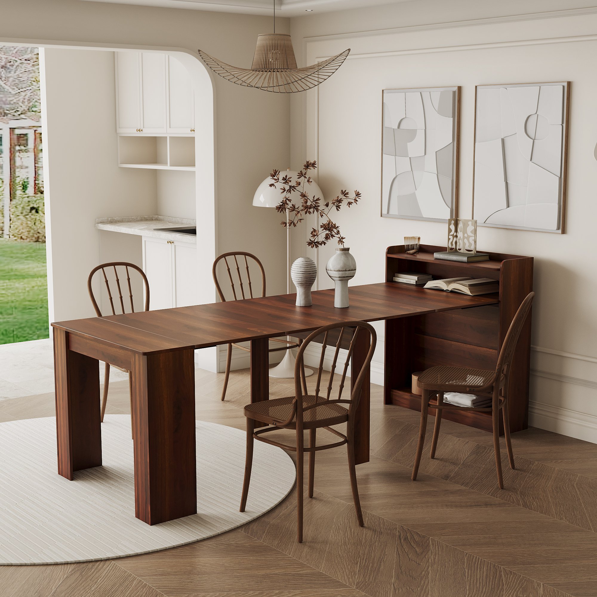 wholesale modern nordic stylish rectangular folding wood dining tables with free combination sideboard buffet cabinet