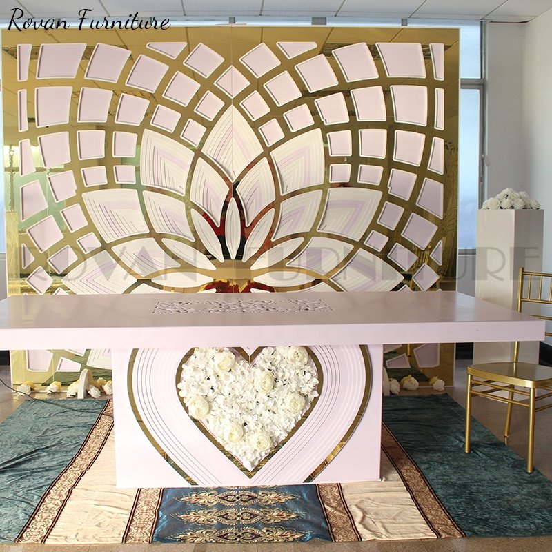 Hot selling luxury rectangular heat design gold pvc white acrylic dining tables for wedding and event