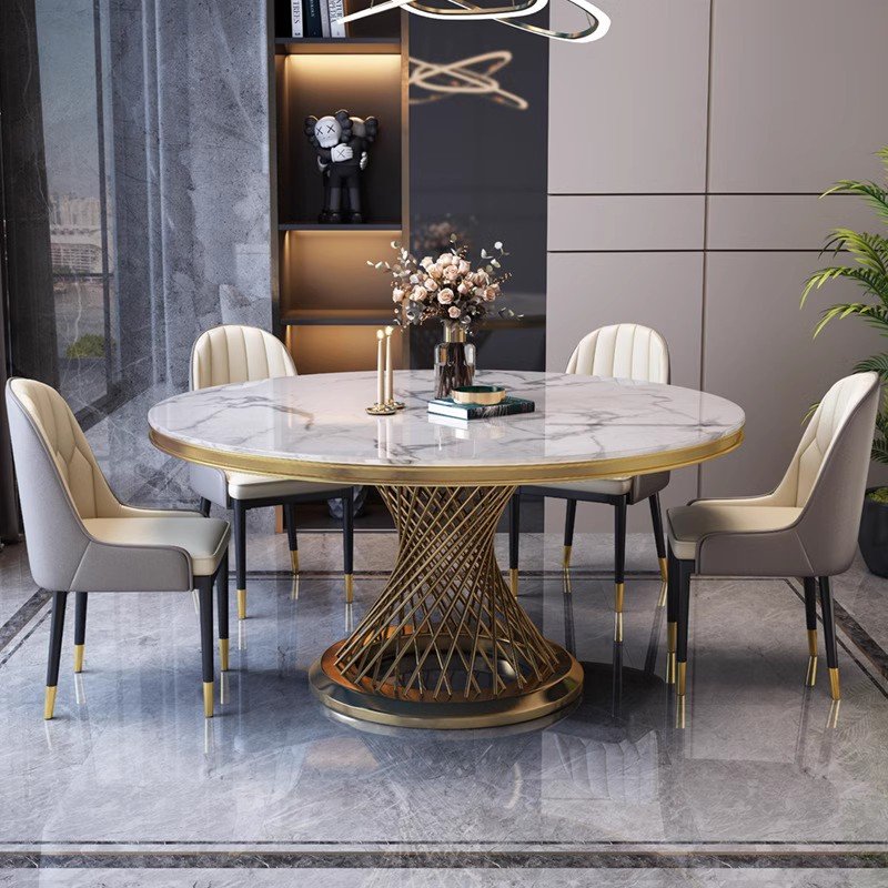 Modern household gold marble dining table and chair set modern stainless steel round dining table