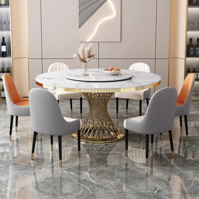 Modern household gold marble dining table and chair set modern stainless steel round dining table