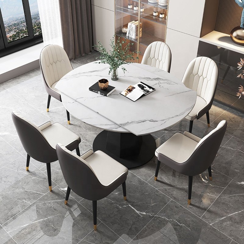 Wholesale Luxury Adjustable Marble Round Dining Table Set With Chairs Extendable Design Kitchen Dining Room Furniture