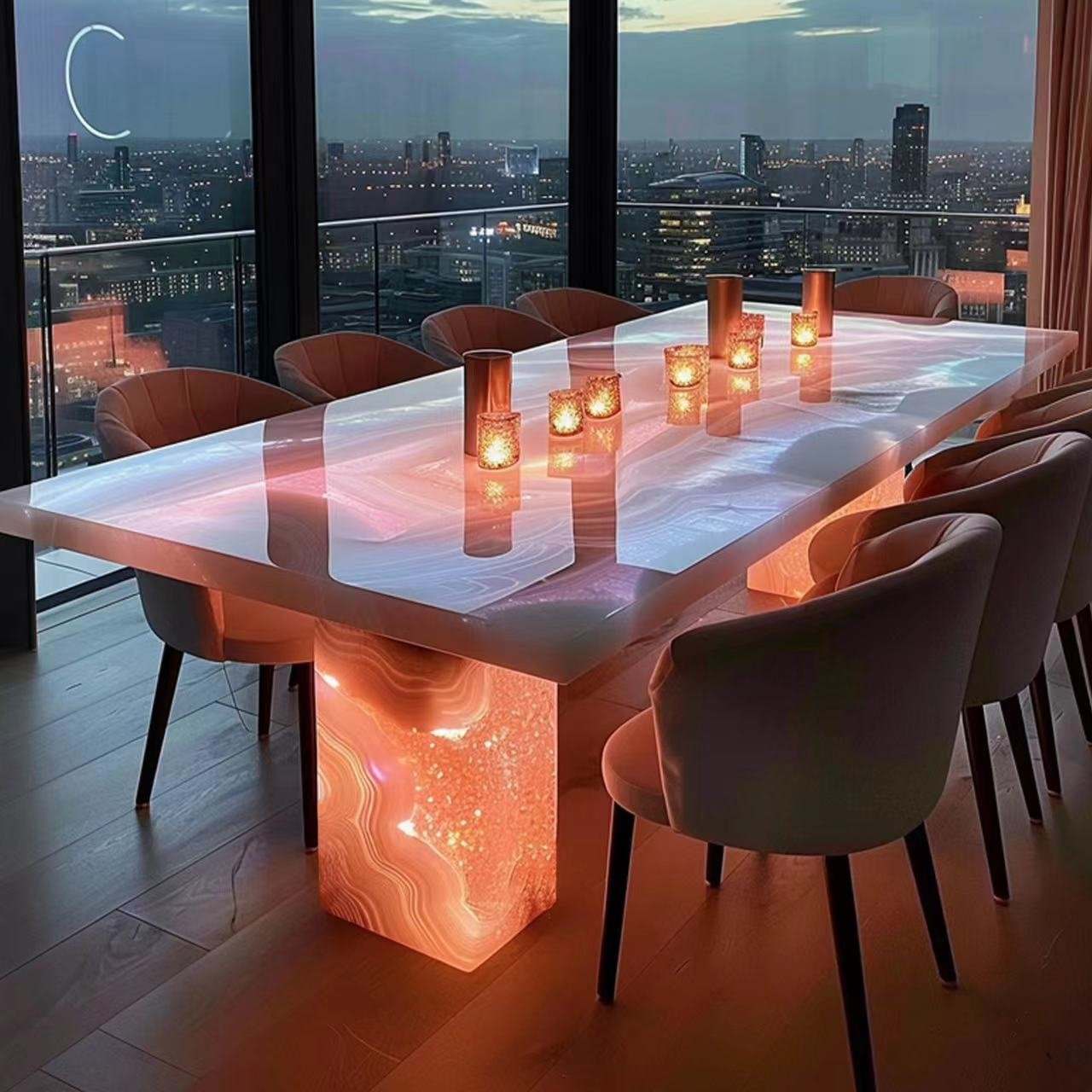 Luminous Jade Stone Modern Luxury golden stainless steel dining table with marble top for dining room furniture dining table set