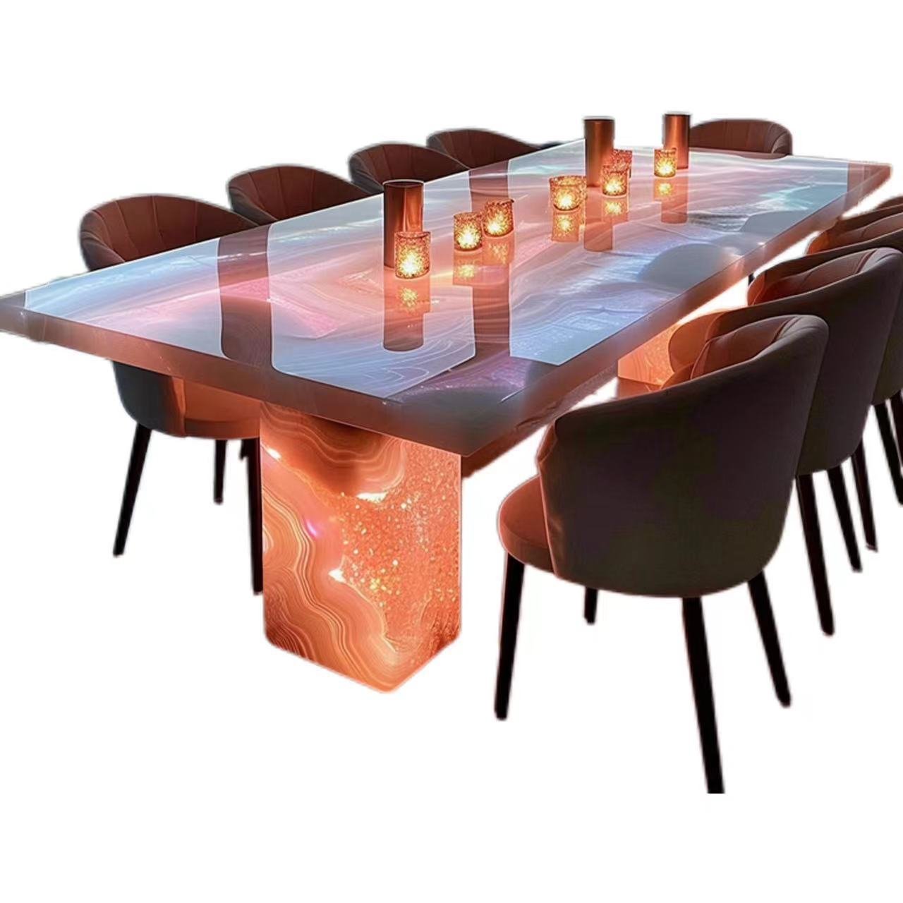 Luminous Jade Stone Modern Luxury golden stainless steel dining table with marble top for dining room furniture dining table set