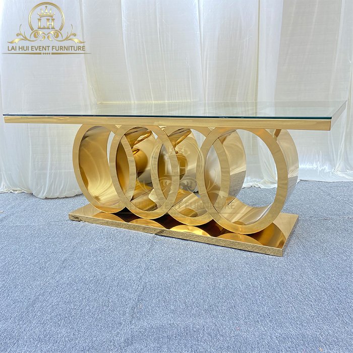 Luxury Party Events Furniture Factory Gilded Stainless Steel Clear Glass Tables For Wedding