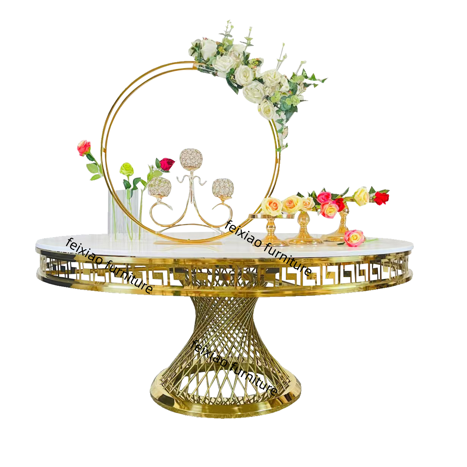 Modern wedding furniture gold stainless steel round dining tables set for event