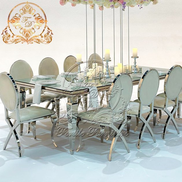 Rectangle Silver Stainless Steel Frame Straight Leg Wedding Event Banquet Mirror Glass Top Dining Table With Chair