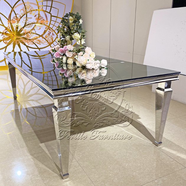 Rectangle Silver Stainless Steel Frame Straight Leg Wedding Event Banquet Mirror Glass Top Dining Table With Chair