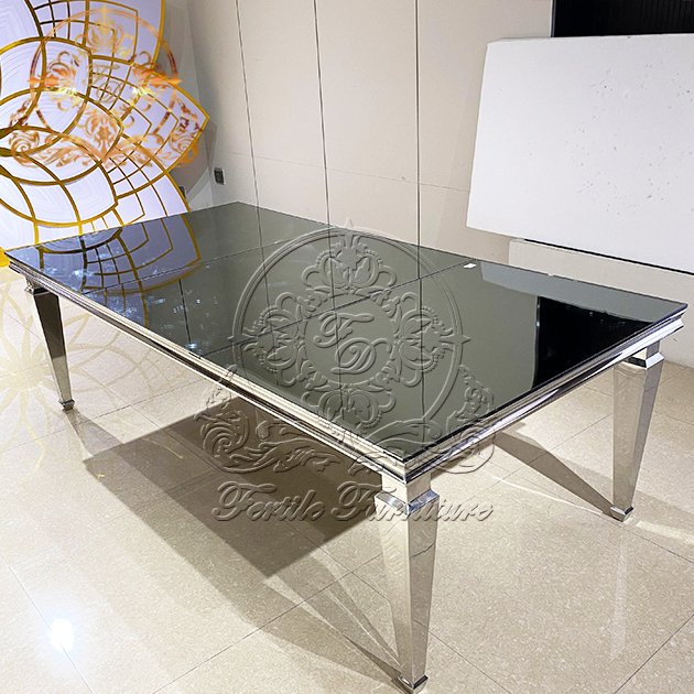 Rectangle Silver Stainless Steel Frame Straight Leg Wedding Event Banquet Mirror Glass Top Dining Table With Chair