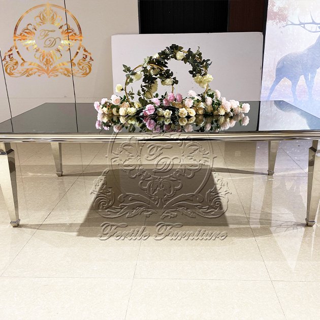 Rectangle Silver Stainless Steel Frame Straight Leg Wedding Event Banquet Mirror Glass Top Dining Table With Chair