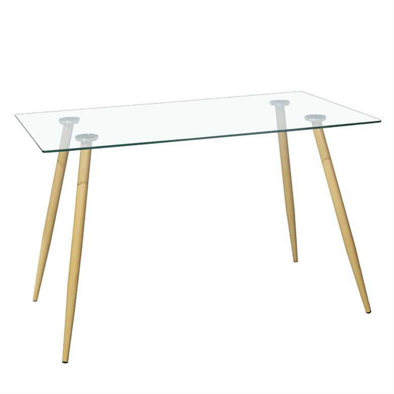 Glass Dinning Room Table Modern Wood Grain Metal Leg Rectangular Square Clear Tempered Glass Top Dining Table