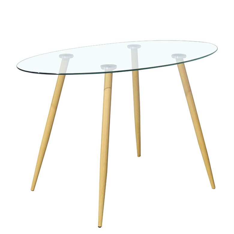 Glass Dinning Room Table Modern Wood Grain Metal Leg Rectangular Square Clear Tempered Glass Top Dining Table