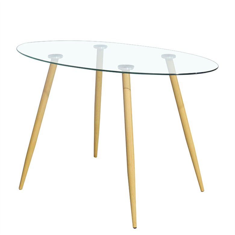 Glass Dinning Room Table Modern Wood Grain Metal Leg Rectangular Square Clear Tempered Glass Top Dining Table