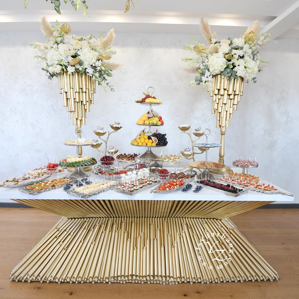 Factory Directly Wholesale Gold Stainless Steel Tube Stack MDF Rectangular Dining Table Wedding Hotel Living Room Event