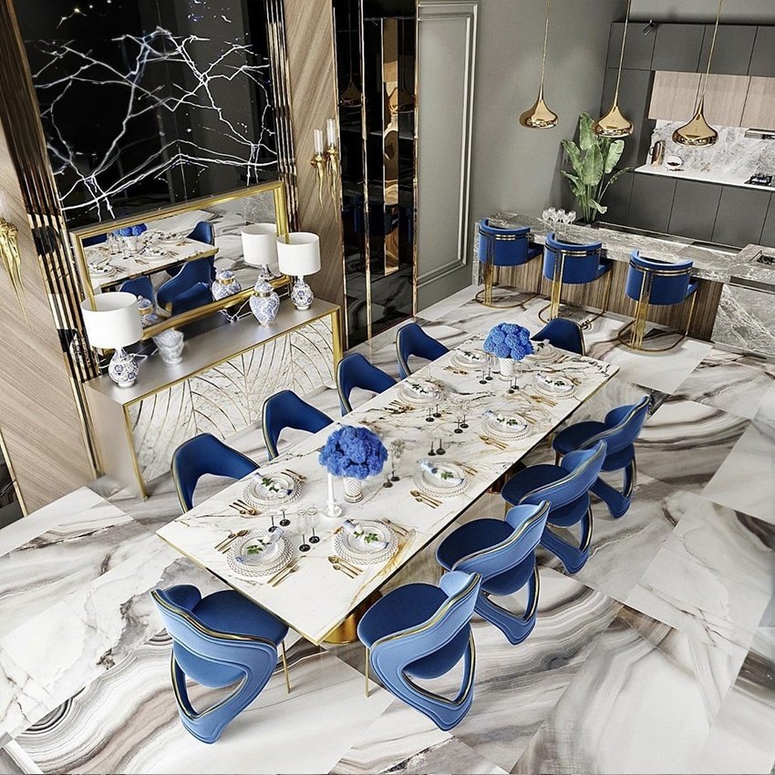 Exclusive design marble top dining tables metal golden dining room furniture 10 12 seater luxury dining table