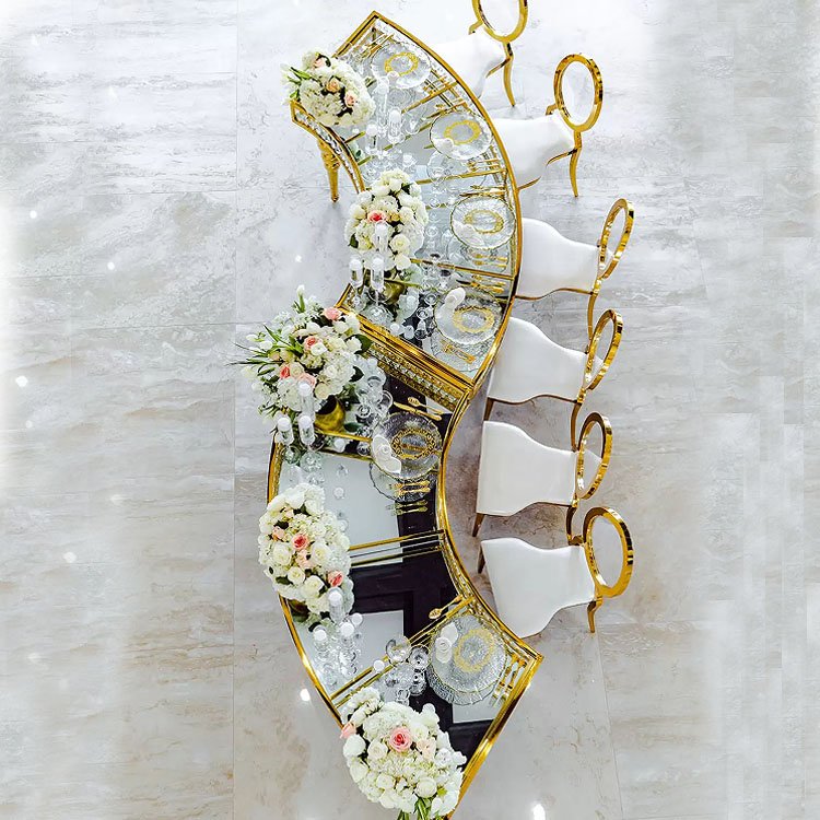 High Quality Luxury Royal Wedding Use Gold Stainless Steel S Shape Hotel Dining Tables For Sale