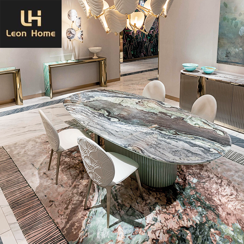 Custom Made New Designer Style Vertical Concave Profiles Light Green Italian Modern Luxury Oval Genuine Marble Dining Table