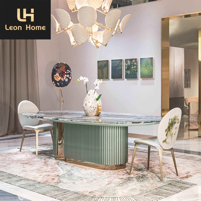 Custom Made New Designer Style Vertical Concave Profiles Light Green Italian Modern Luxury Oval Genuine Marble Dining Table