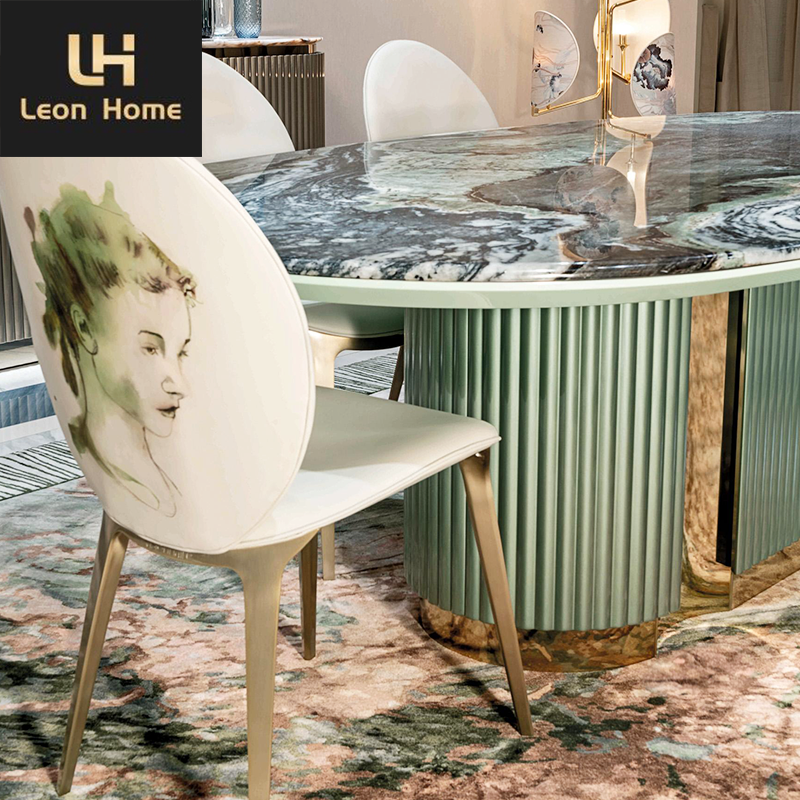 Custom Made New Designer Style Vertical Concave Profiles Light Green Italian Modern Luxury Oval Genuine Marble Dining Table
