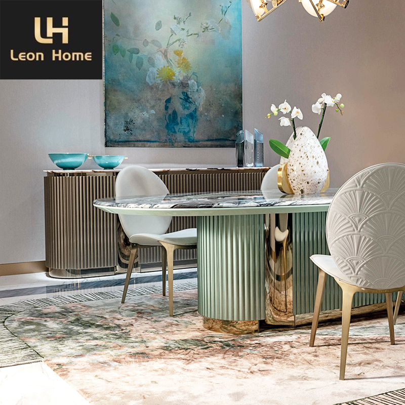 Custom Made New Designer Style Vertical Concave Profiles Light Green Italian Modern Luxury Oval Genuine Marble Dining Table