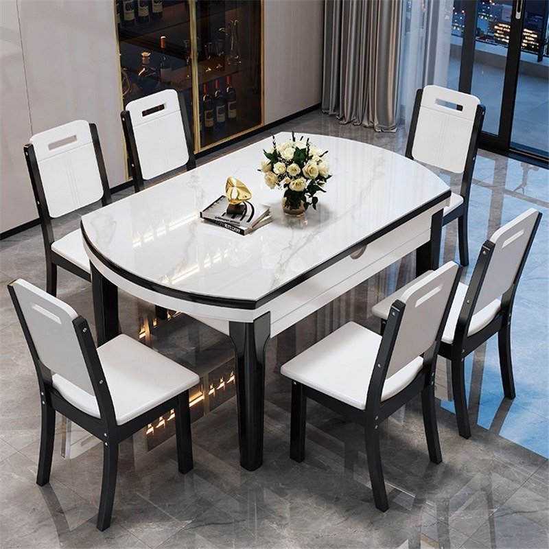 Home solid wood rock board marble dining table and chair set 4-8 people square round retractable folding dining table