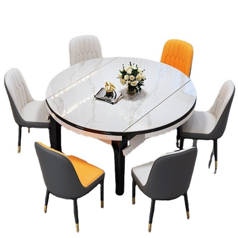 Home solid wood rock board marble dining table and chair set 4-8 people square round retractable folding dining table