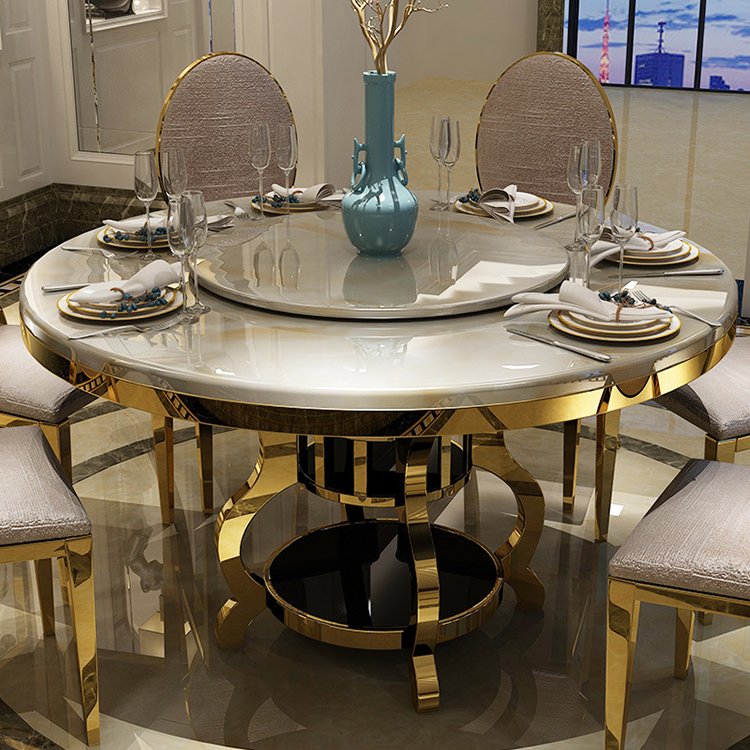 white marble gold electroplating stainless steel round dining table set for 6