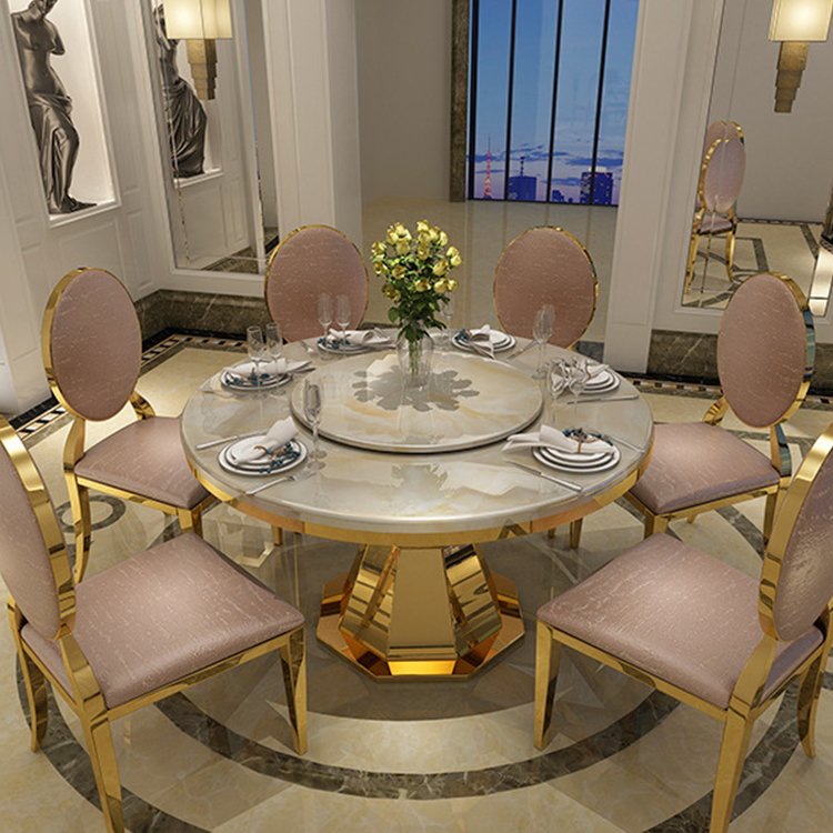 white marble gold electroplating stainless steel round dining table set for 6
