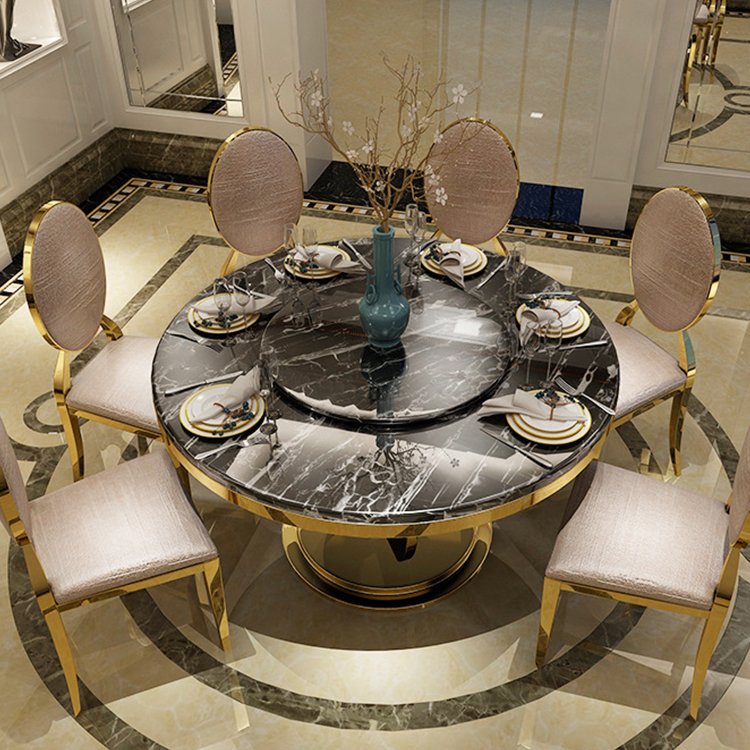white marble gold electroplating stainless steel round dining table set for 6