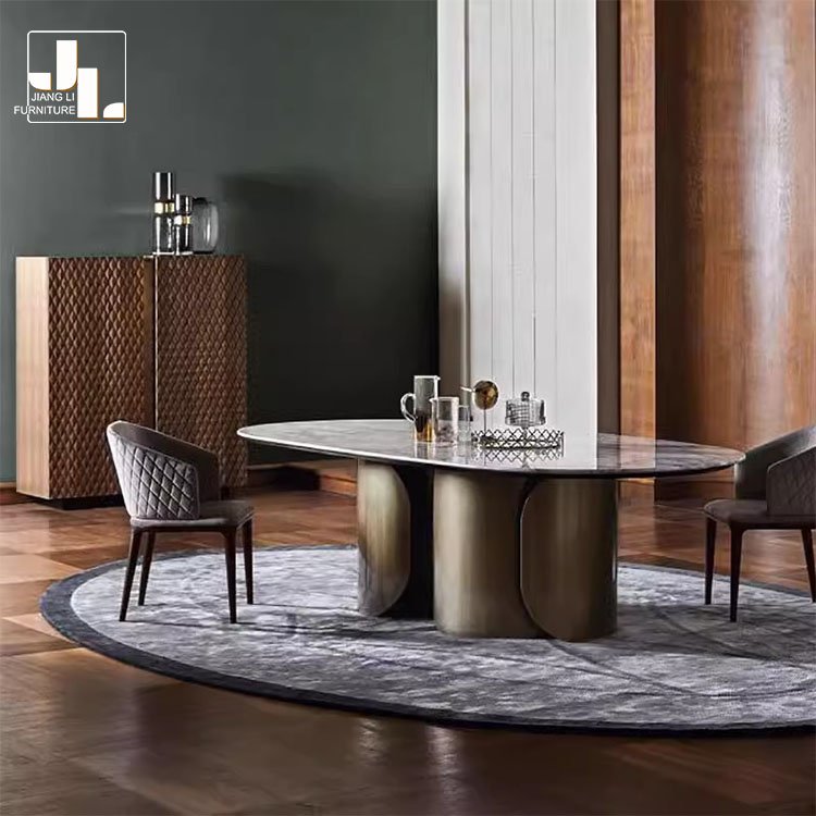 Modern light luxury hotel oval dining table villa dining room metal frame marble top dining table furniture