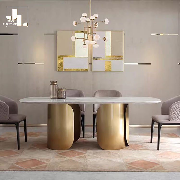 Modern light luxury hotel oval dining table villa dining room metal frame marble top dining table furniture