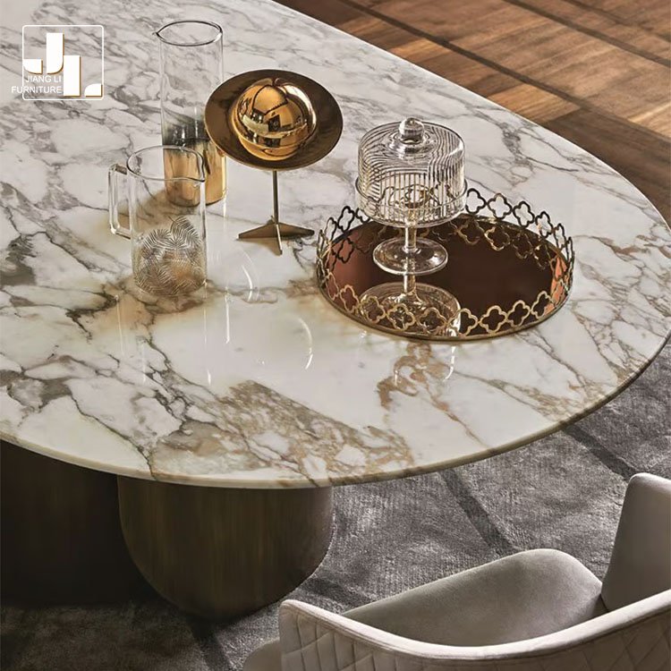 Modern light luxury hotel oval dining table villa dining room metal frame marble top dining table furniture