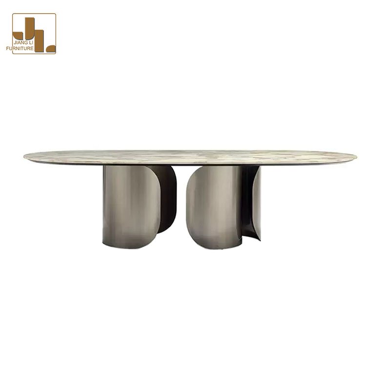 Modern light luxury hotel oval dining table villa dining room metal frame marble top dining table furniture