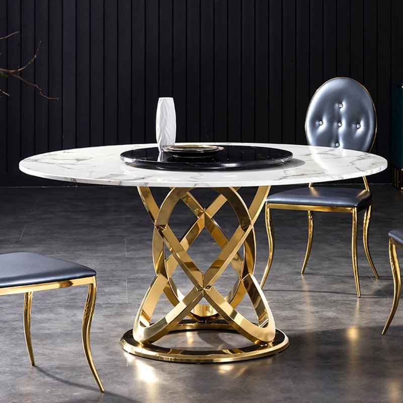 Luxury Italian Designs Rock Plate Sintered Stone Marble Rotating Center Round Dining Table Set