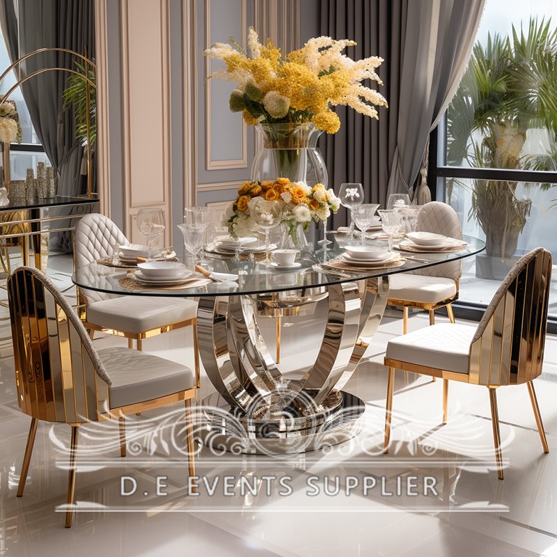 DE Events Stainless Steel Glass Top Wedding Table with elegant wedding tables and chairs wedding furniture
