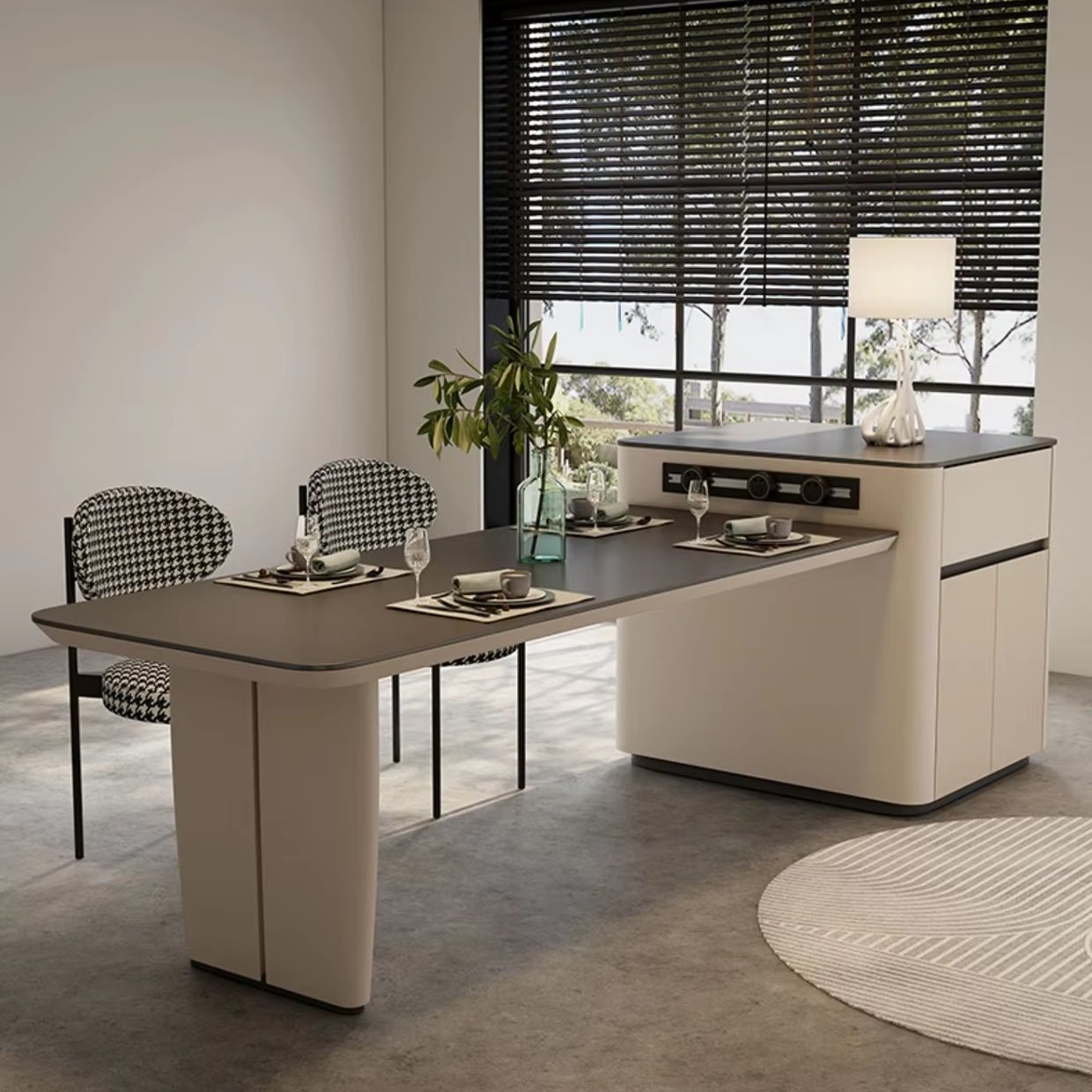 Modern rock slab dining table kitchen island table integrated with expandable multi-functional restaurant wood table