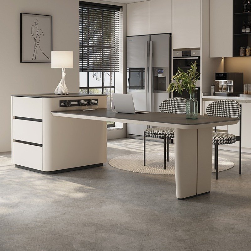 Modern rock slab dining table kitchen island table integrated with expandable multi-functional restaurant wood table