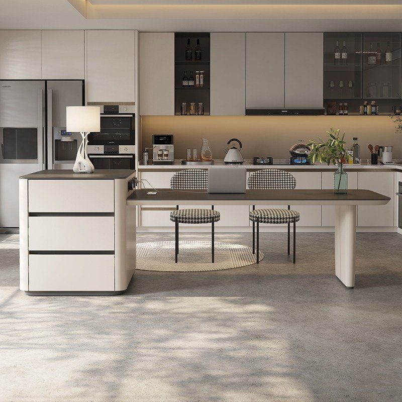 Modern rock slab dining table kitchen island table integrated with expandable multi-functional restaurant wood table