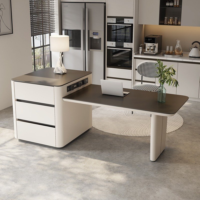 Modern rock slab dining table kitchen island table integrated with expandable multi-functional restaurant wood table