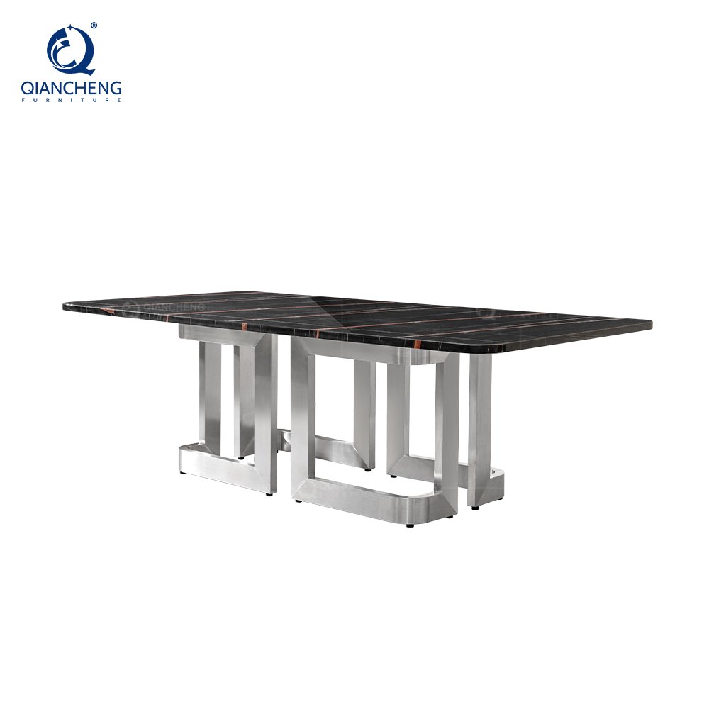 QIANCHENG living room furniture mirrored stainless steel pedastal manmade natural marble dining tables mesas com 4 cadeiras