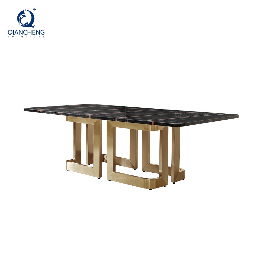 QIANCHENG living room furniture mirrored stainless steel pedastal manmade natural marble dining tables mesas com 4 cadeiras