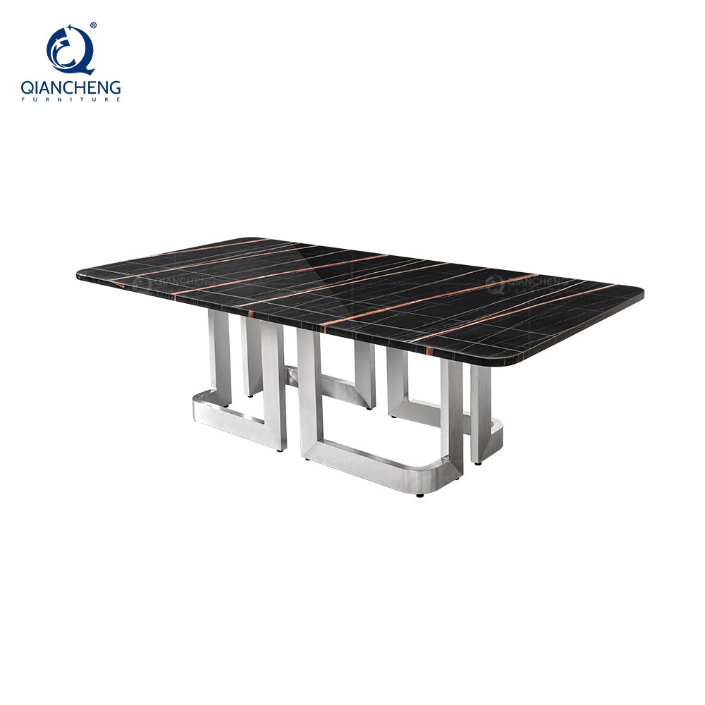 QIANCHENG living room furniture mirrored stainless steel pedastal manmade natural marble dining tables mesas com 4 cadeiras
