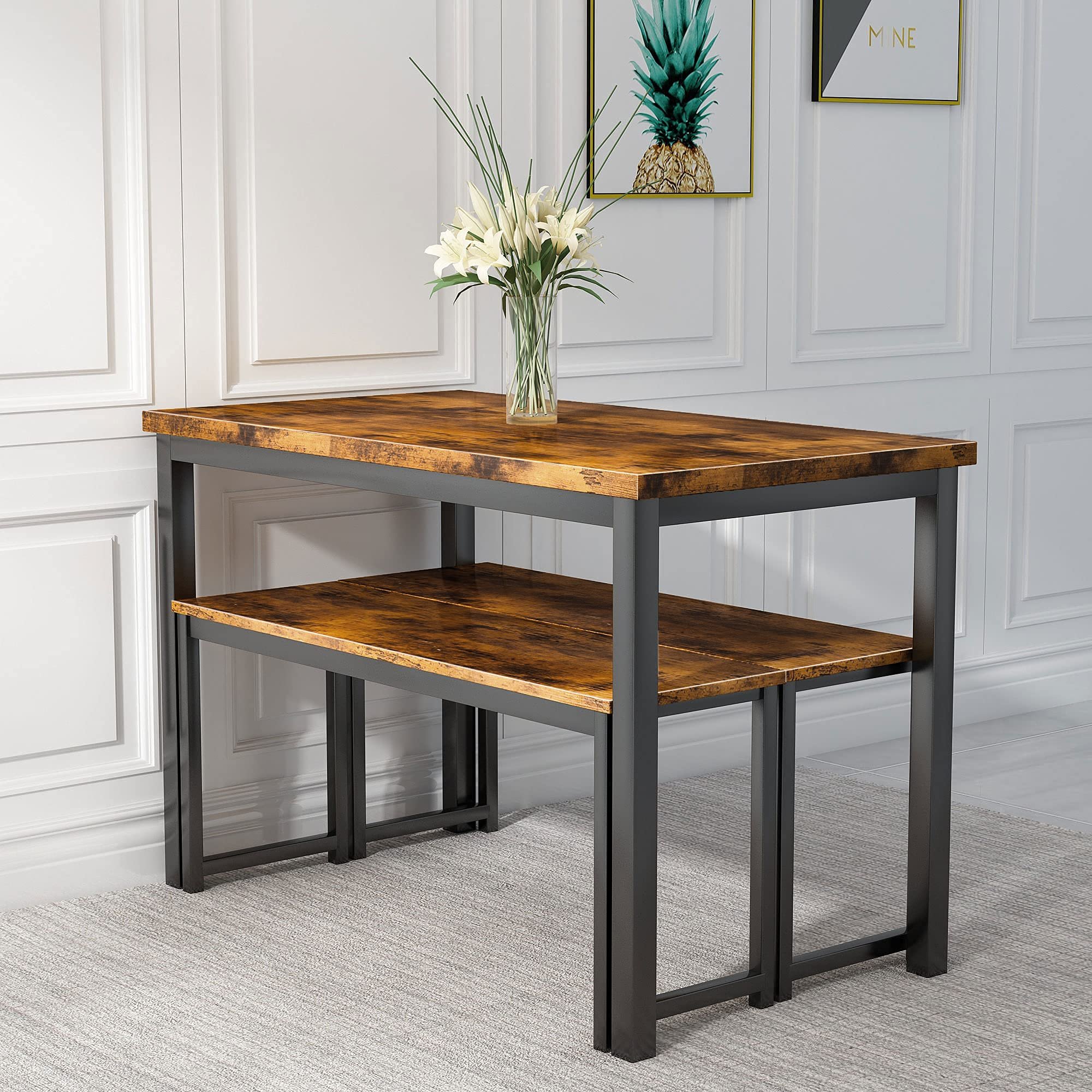 Industrial Style Dining Room Furniture Wood Kitchen Breakfastbar Table Set with 2 Bench Home Furniture Modern Solid Wood Wooden