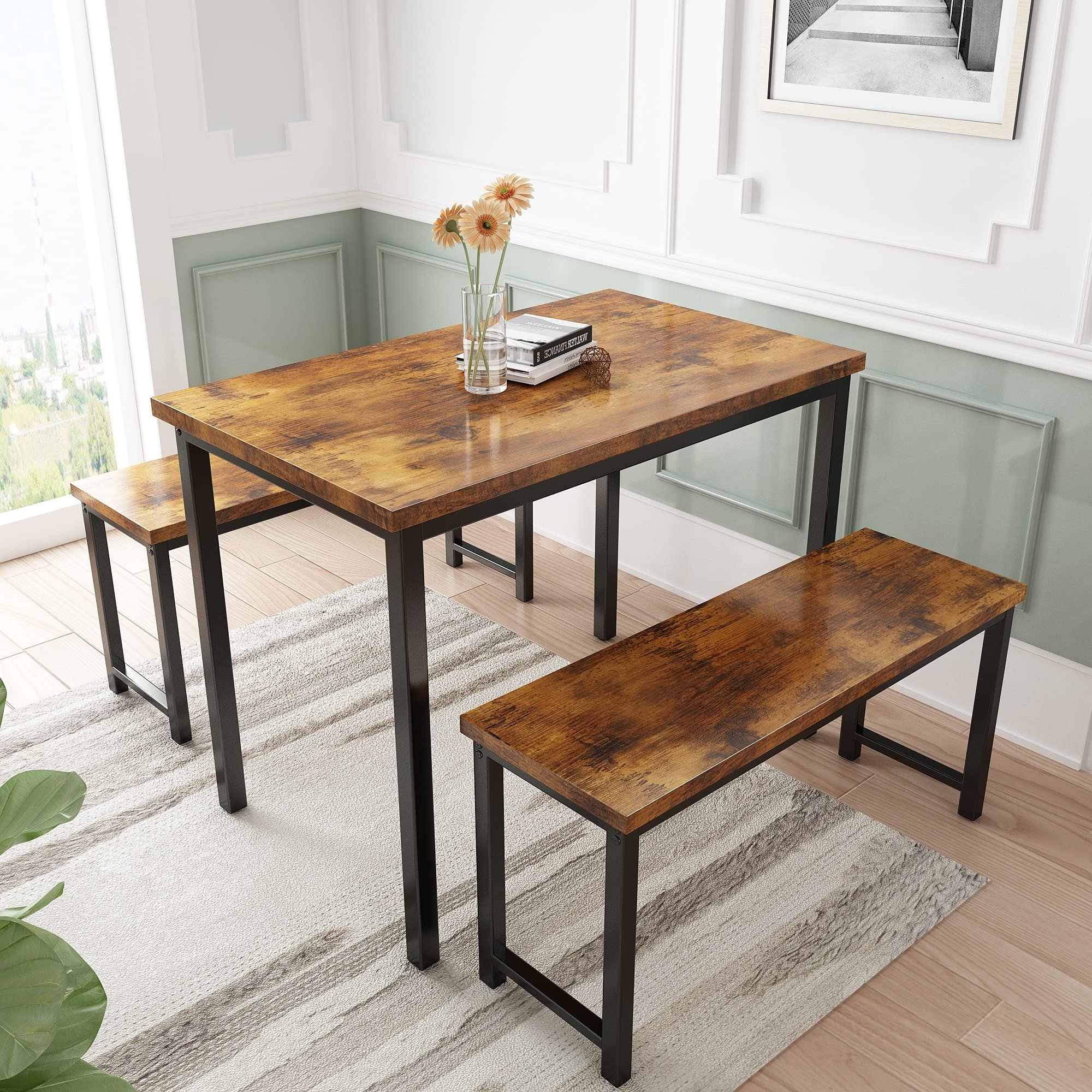 Industrial Style Dining Room Furniture Wood Kitchen Breakfastbar Table Set with 2 Bench Home Furniture Modern Solid Wood Wooden