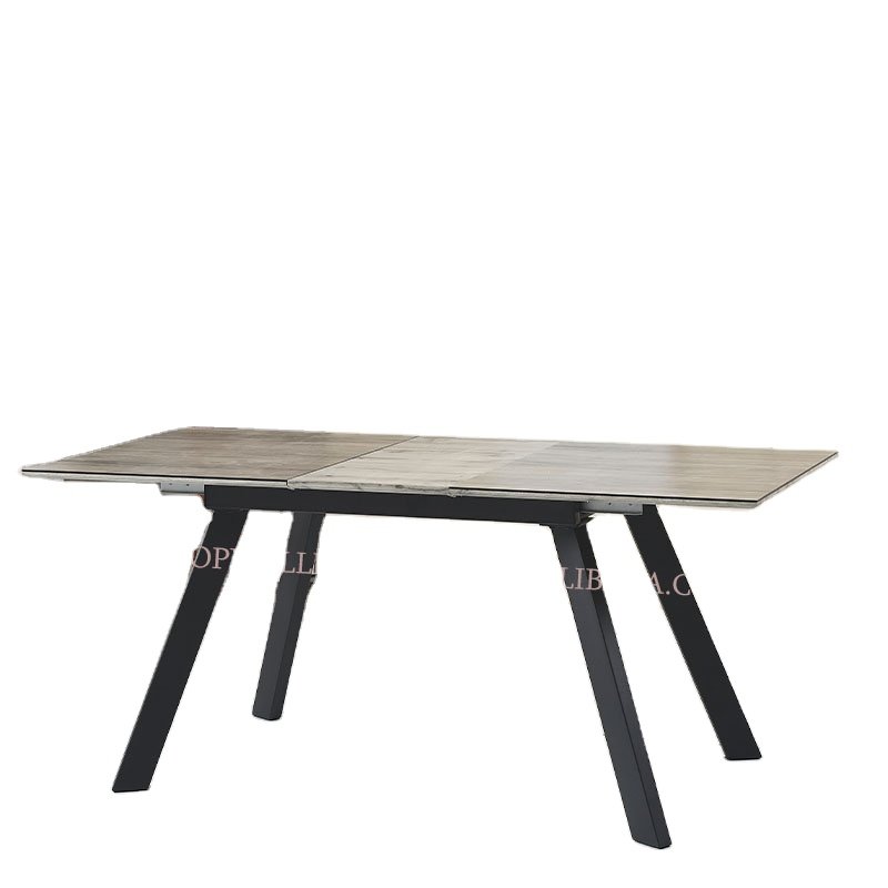 DT-2357 TOPWELL simple dining room furniture extendable table MDF top with enamelled glass and Powder coating legs