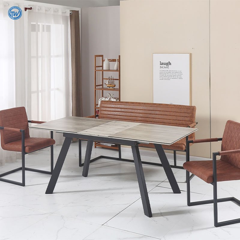 DT-2357 TOPWELL simple dining room furniture extendable table MDF top with enamelled glass and Powder coating legs