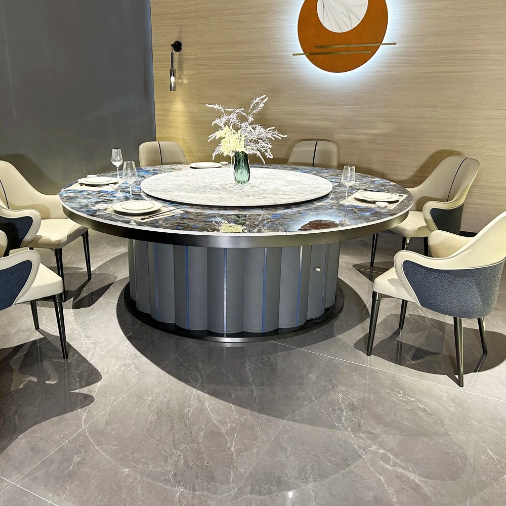 Zhuoyue Wholesale hot style electric round marble large dining table with built-in hot pot table and turntable for 10 20 seats