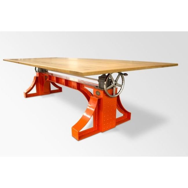Industrial & vintage Indian iron metal & solid Mango wood Crank Jack Height adjustable Folding Dining Table